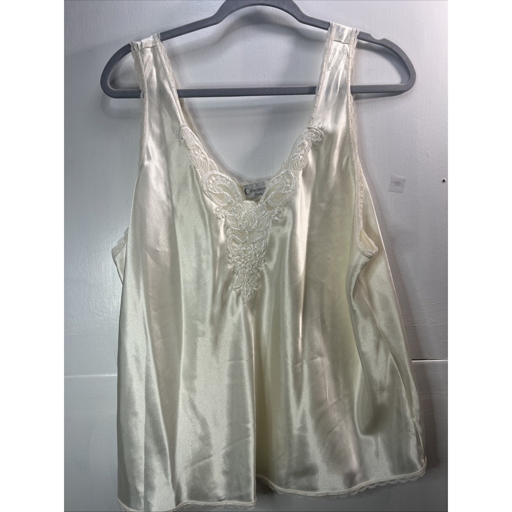 Vintage 80s Cinema Etoile Satin Camisole Tank Top -1X Lace V-Neck Trim Ivory